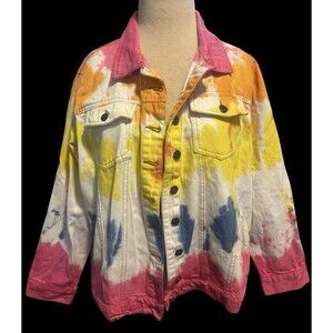 Taxi Women’s Jean Jacket 1X Trucker Tie-Dyed Denim Art Plus Size 1X 80’s New Y2K